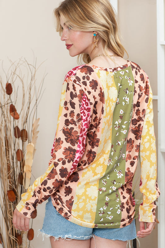 Multicolor Floral and Leopard Print Long Sleeve T Shirt