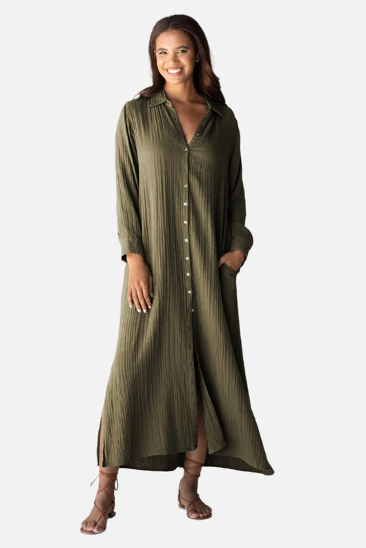 Green Crinkled Pocketed Side Slits Loose Maxi Dress