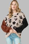 Coffee Leopard Print Patchwork Pullover Sweater