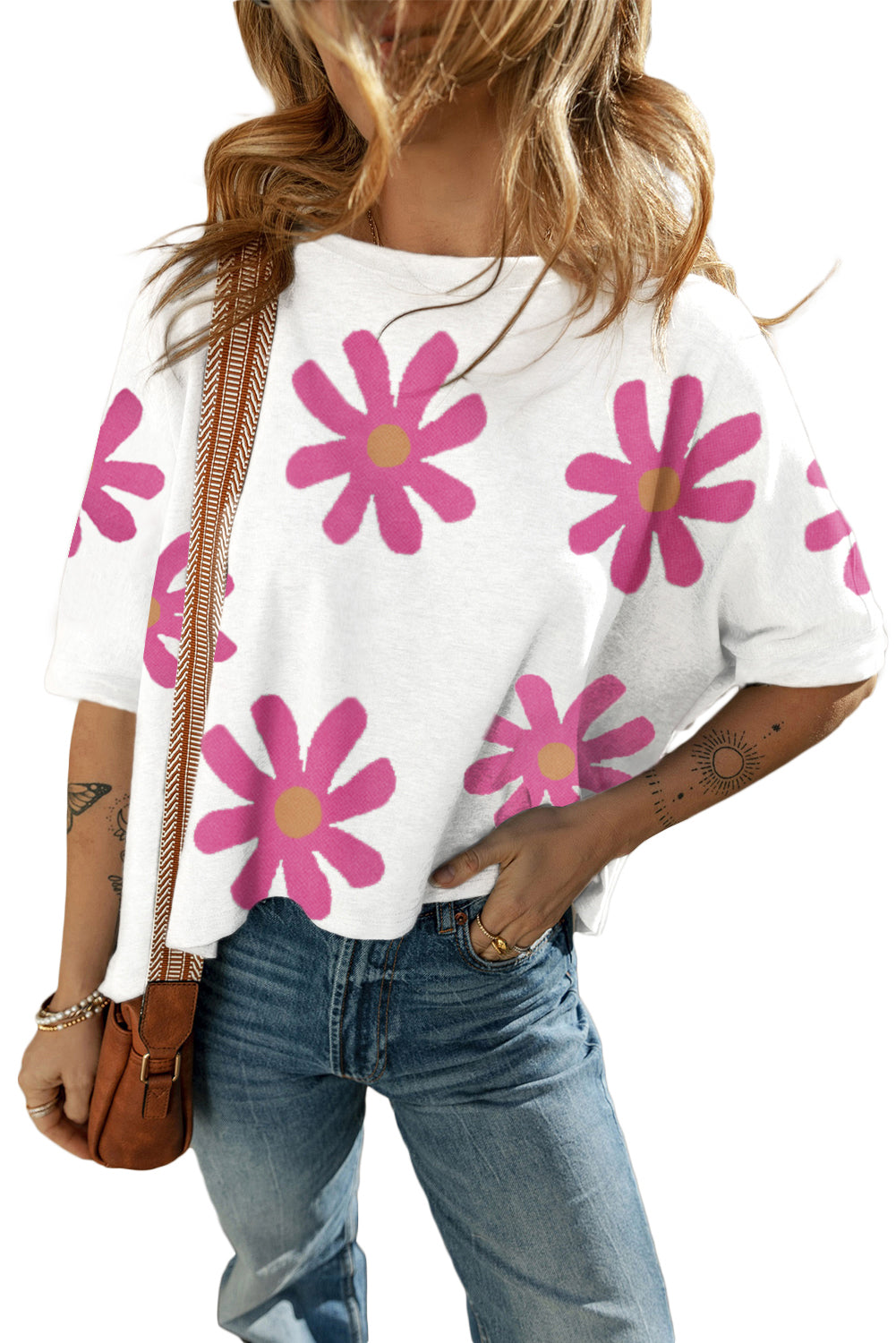 White 60s Vintage Flower Print Batwing Sleeve T Shirt