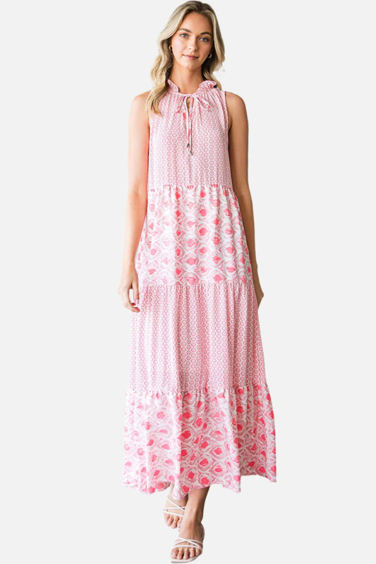 Pink Abstract Sleeveless V Neck Summer Tiered Dress