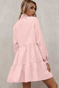 Pink Casual Stand V Neck Short Frill Dress