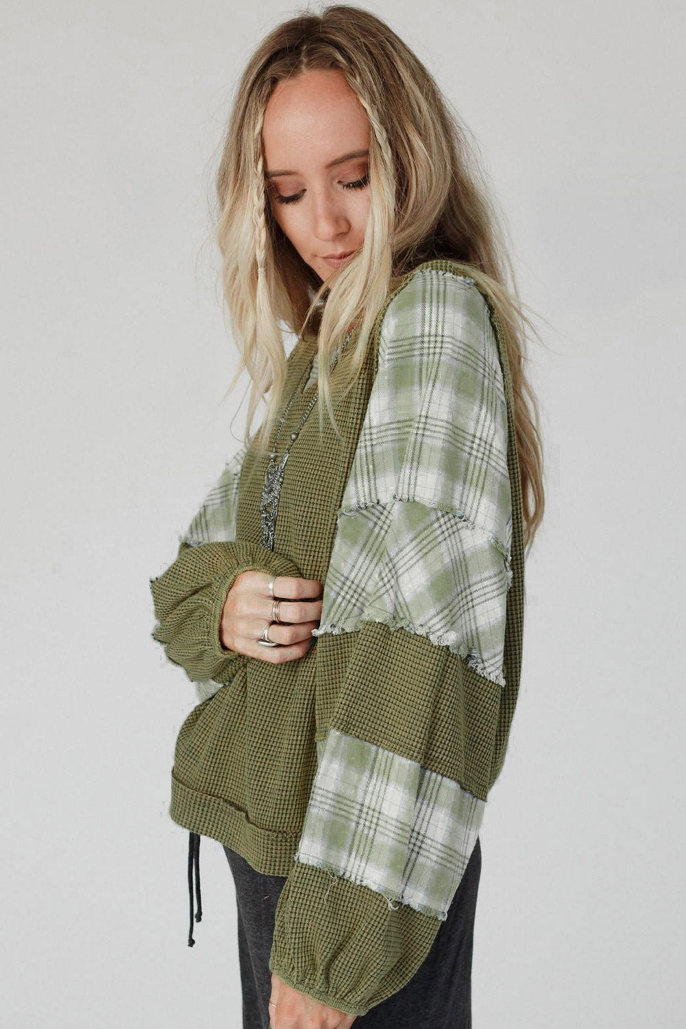 White Plaid Patch Waffle Knit Long Sleeve Top