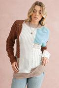 Khaki Mix Textured Knit Colorblock Mock Neck Sweater