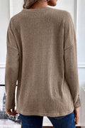 Rose Drop Shoulder Ribbed Knit Long Sleeve Henley Top