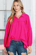 Rose Solid Color Gauze Collared Long Sleeve Top