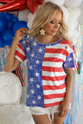 Stripe American Flag Print Distressed Round Neck T Shirt