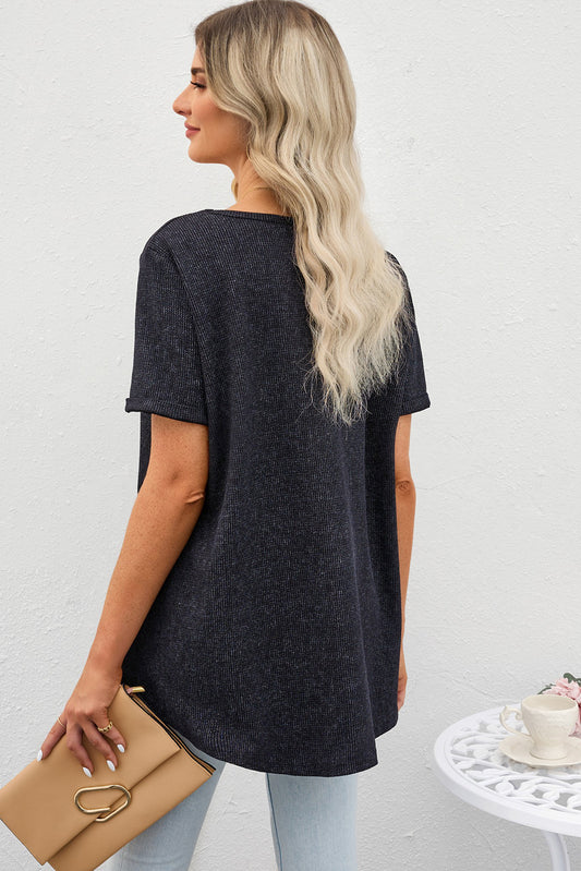 Gray Waffle Knit Casual V Neck T Shirt