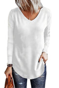 Plain White Solid Color Casual V Neck Long Sleeve Knit Top