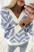 Sky Blue Zigzag Striped Print V Neck Sweater