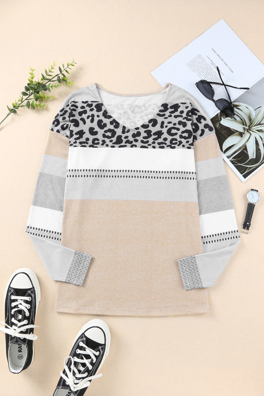 Leopard Print Color Block Pullover Long Sleeve Top