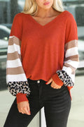 Black Leopard Color Block Criss Cross Neck Long Sleeve Shirt