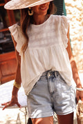 White Ruffled Lace Splicing Flowy Crewneck Sleeveless Shirt