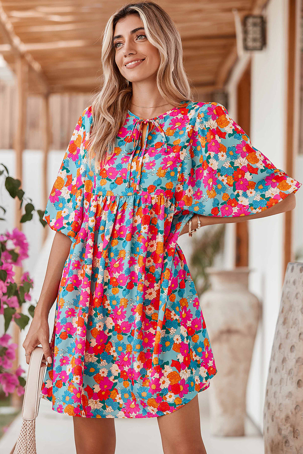 Sky Blue Boho Floral Print V Neck Lantern Sleeve Babydoll Dress