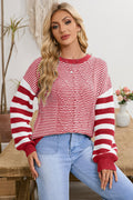 Brown Stripe Twisted Knitted Drop Shoulder Sweater