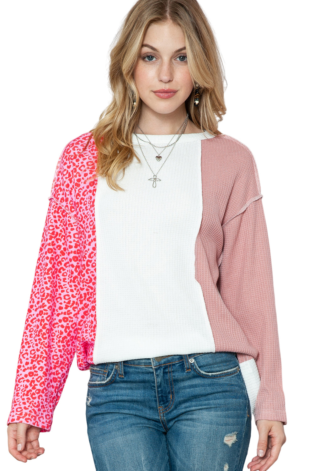 Pink and White Color Block Leopard Print Waffle Knit Long Sleeve Top