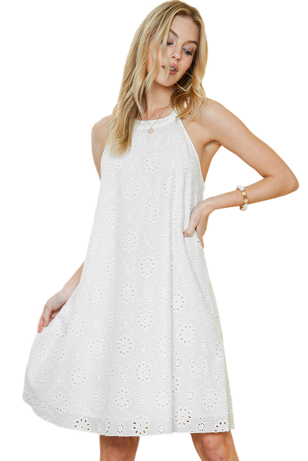 White Lace Eyelet Sleeveless O-Neck Keyhole Back Mini Dress