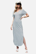 Black Striped Print Side Split Short Sleeve V Neck Maxi Dress