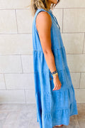 Real Teal Sleeveless Tiered Chambray Maxi Dress