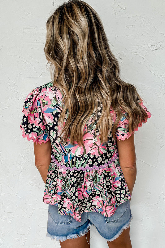 Pink Boho Floral Print Ricrac Splicing Short Sleeve Blouse