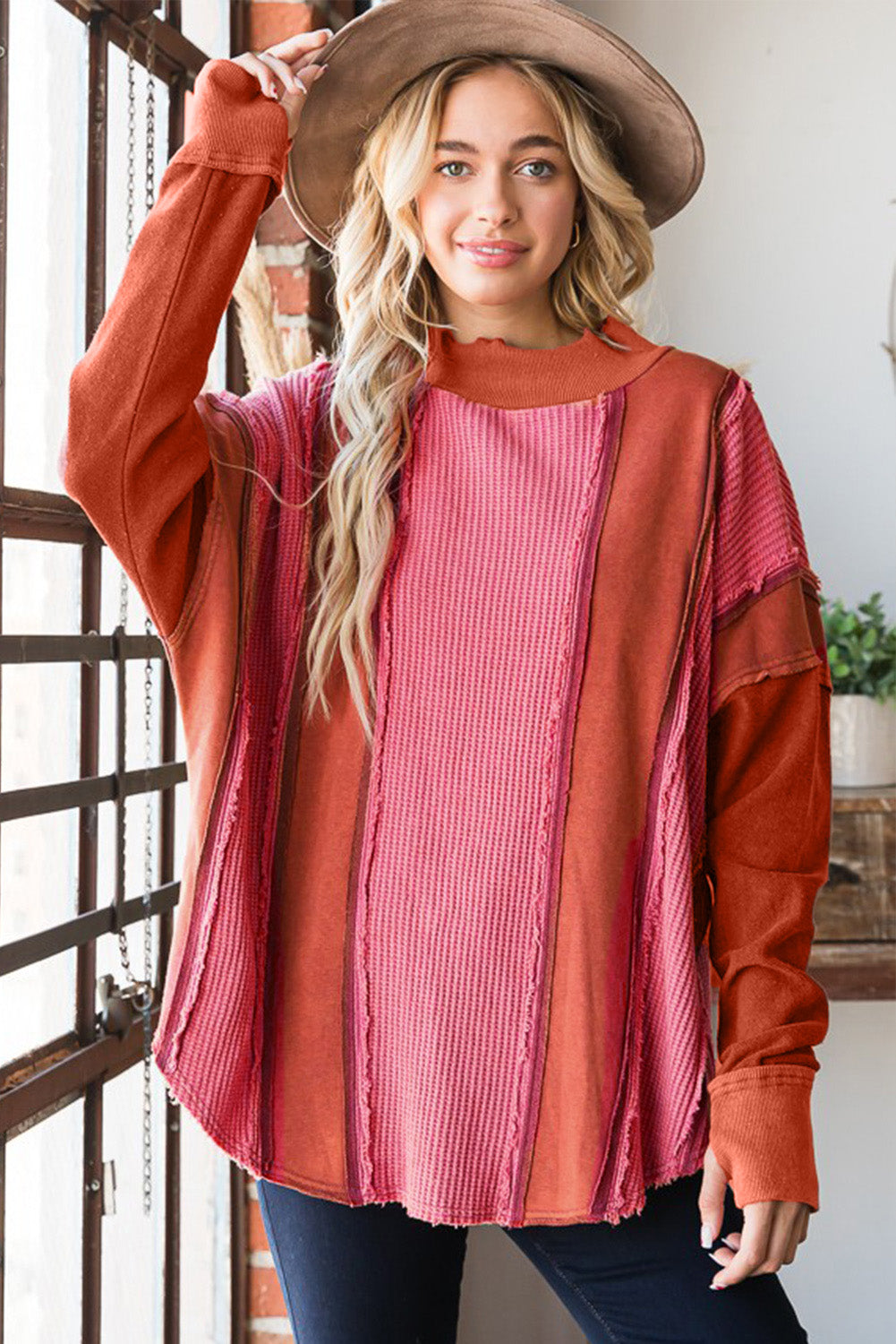 Red Waffle Knit Patchwork Thumbholes Long Sleeve Top