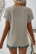 Parchment Ribbed Notched V Neck Button Decor T shirt