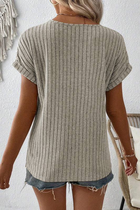 Parchment Ribbed Notched V Neck Button Decor T shirt