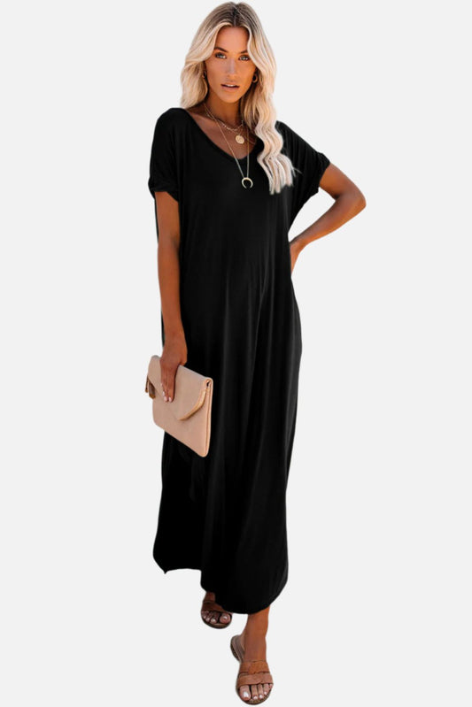 Black Solid Color Hidden Pocket V Neck Slit Maxi Dress