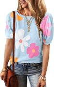 Sky Blue Colorful Flower Print Bubble Sleeve Tee