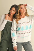 White Christmas Tree Wavy Striped Drop Sleeve Sweater