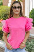 Pink Plain Round Neck Tulle Ruffle Sleeve Blouse