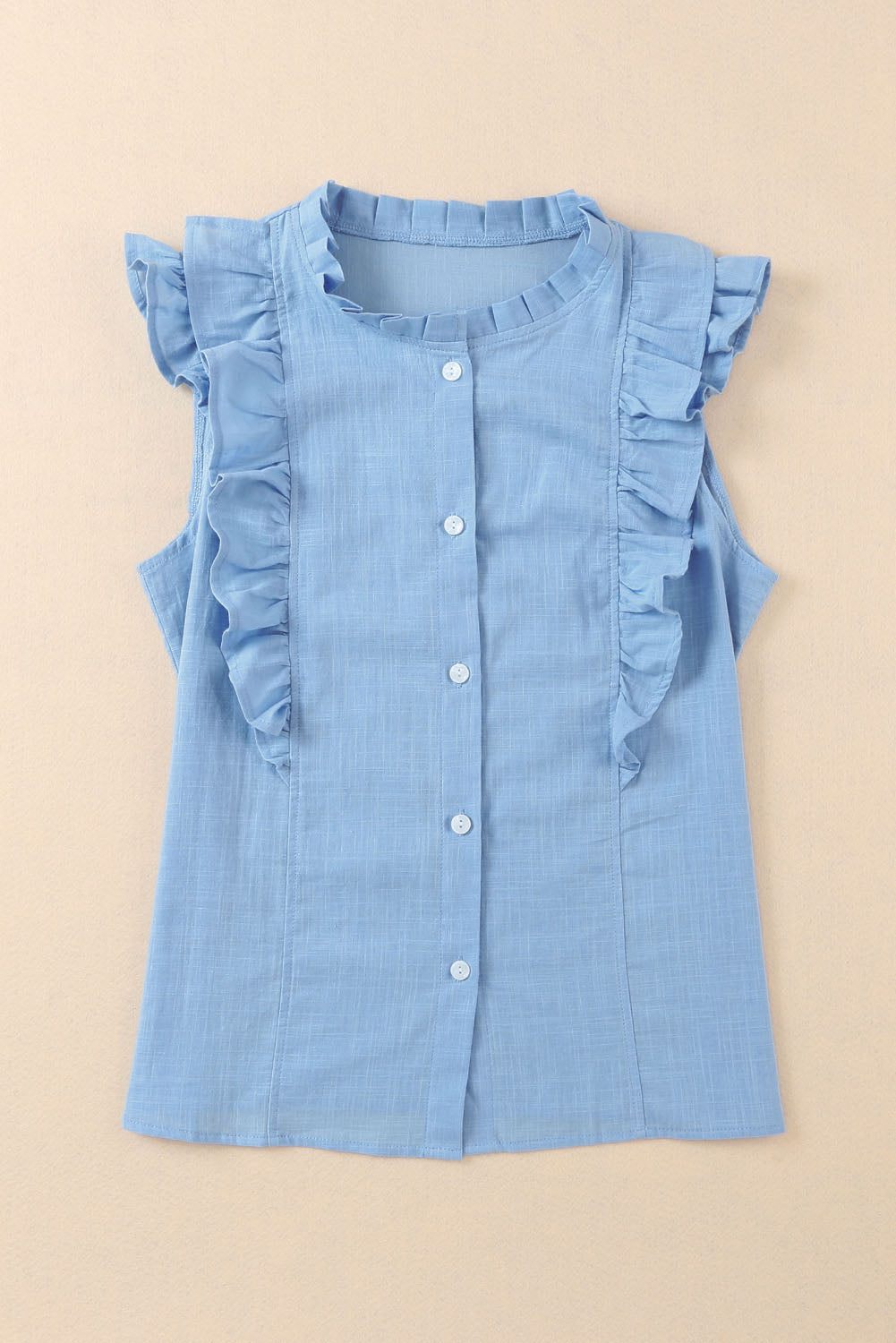 Light Blue Ruffle Trim Sleeveless Button Up Shirt