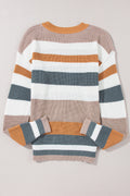 Taupe Striped Color Block Crewneck Knitted Sweater