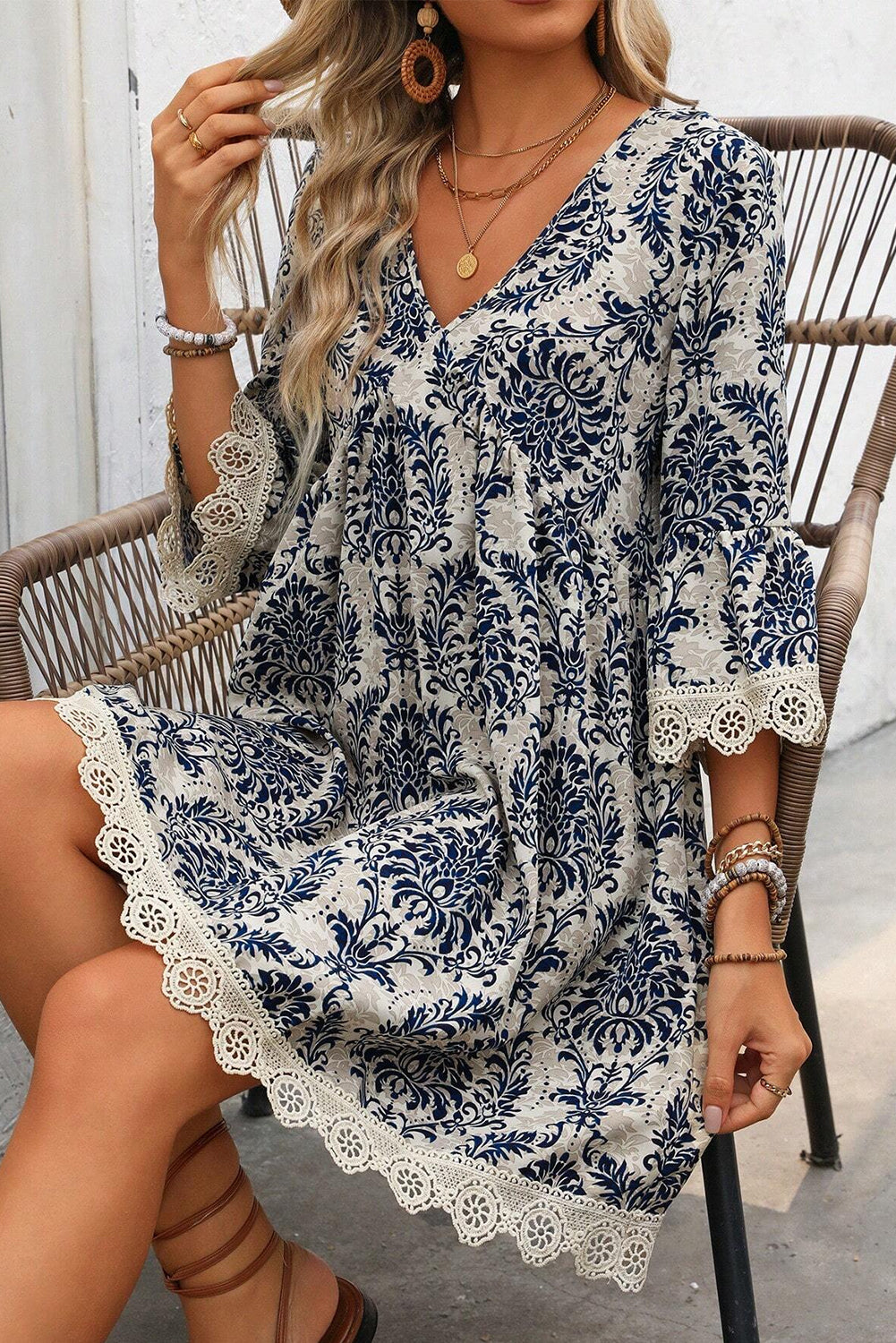 Sky Blue Ethnic Print Lace Trim V Neck 3/4 Sleeve Mini Dress