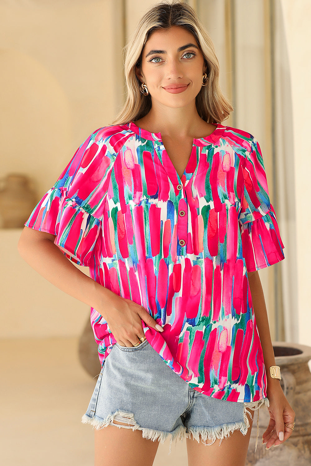 Rose Abstract Brushwork Print Buttoned V Neck Blouse