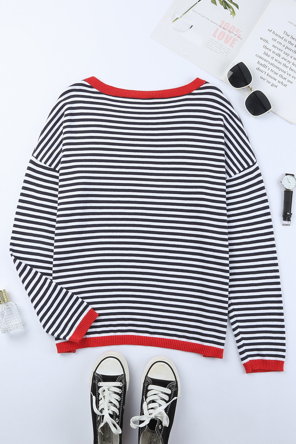 Striped Print Trim Drop Sleeve Knit Pullover Sweater