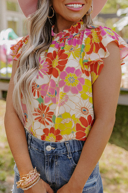 Sky Blue Boho Embroidered Floral Print Flutter Sleeve Blouse