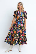 Black Retro Floral Printed Split Neck Ricrac Maxi Dress