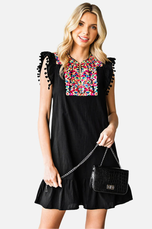 Black Pom Pom A Line Ruffled Sleeveless Short Dress