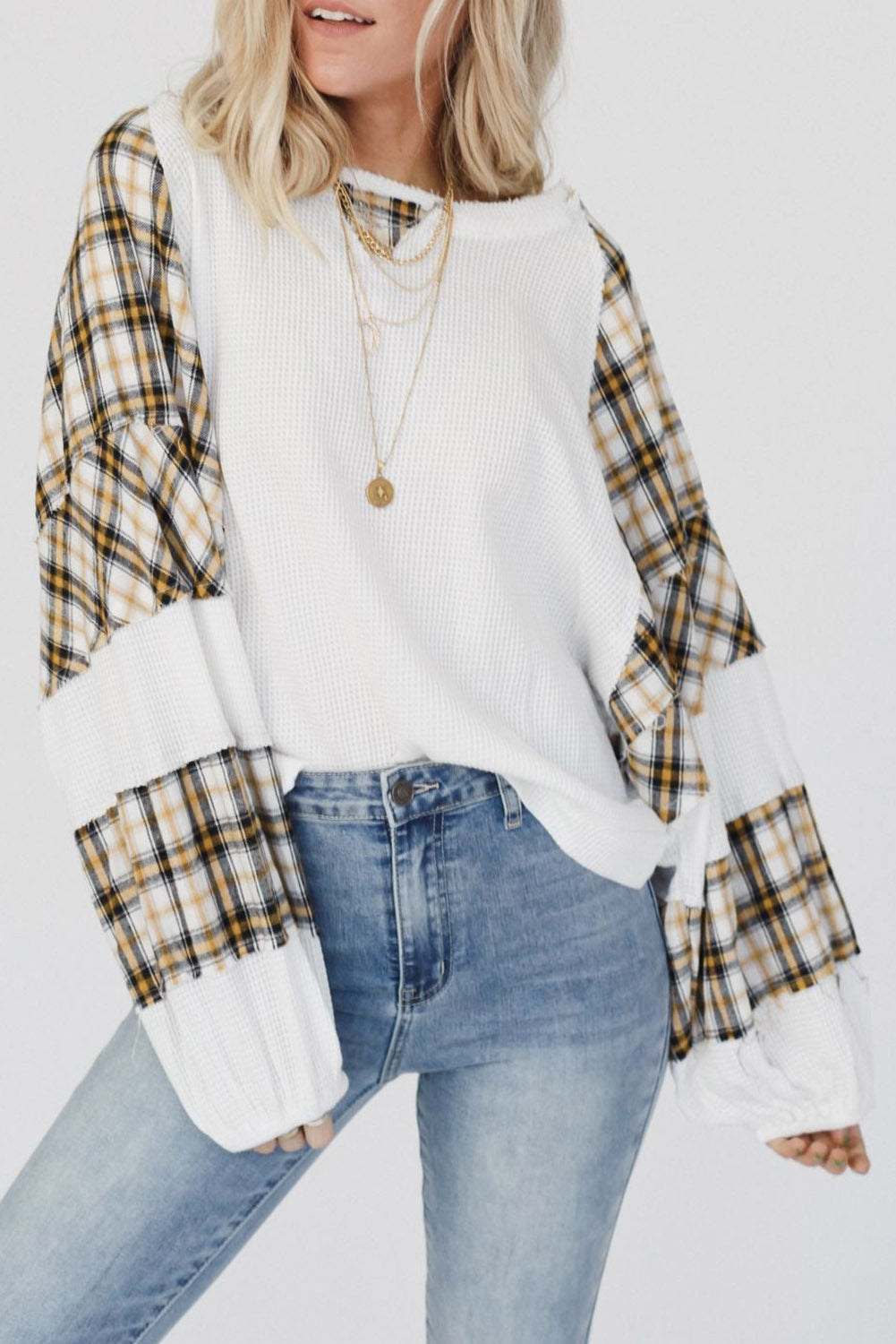 White Plaid Patch Waffle Knit Long Sleeve Top