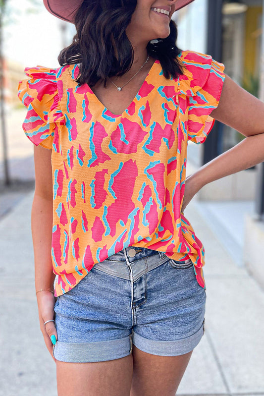 Purple Floral Print Crew Neck Short Sleeve Blouse