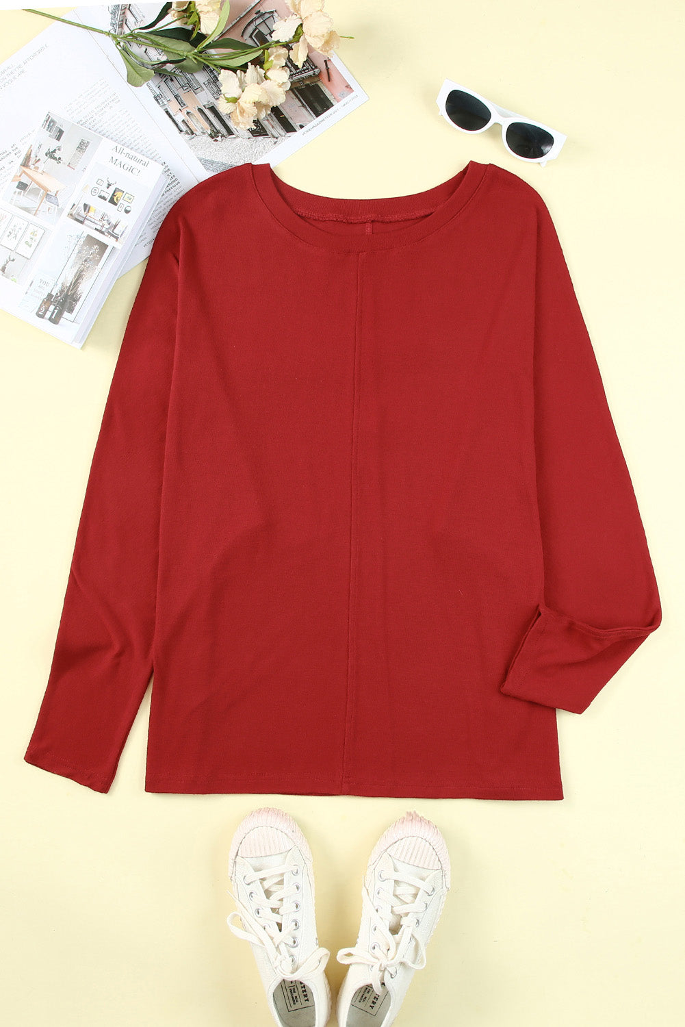 Red Basic Solid Color Seam Long Sleeve Top