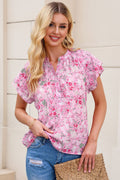 Multicolor Floral Button Notch Neck Ruffle Sleeve Blouse