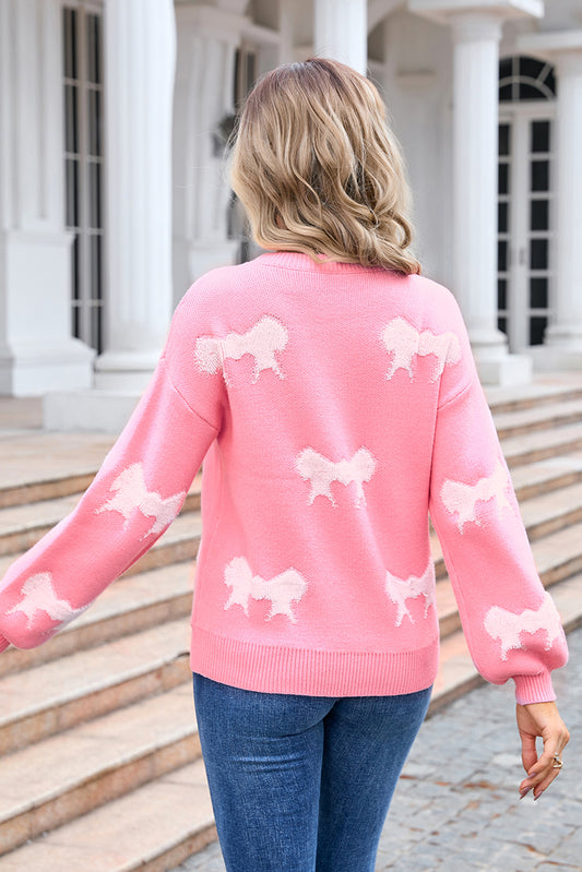 Pink Casual Round Neck Bow Print Pullover Sweater