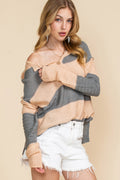 Khaki Colorblock Ribbed Contrast Trim Henley Sweater