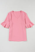 Peach Blossom Ruffled Short Sleeve V Neck Textured Shirt