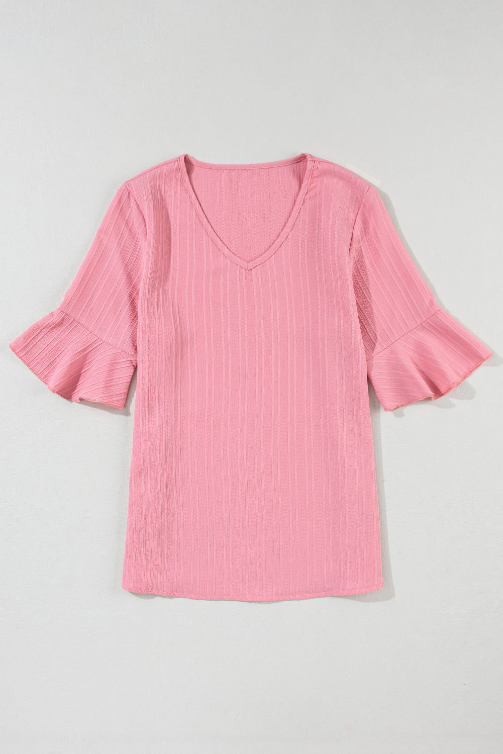 Peach Blossom Ruffled Short Sleeve V Neck Textured Shirt