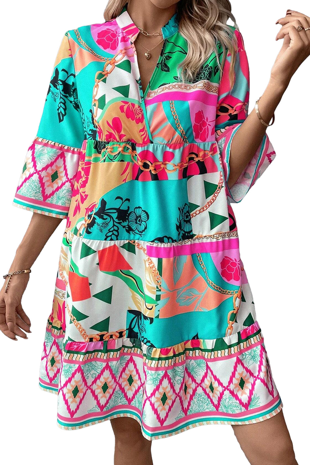 Multicolour Boho Abstract Print Flowy Tiered Dress