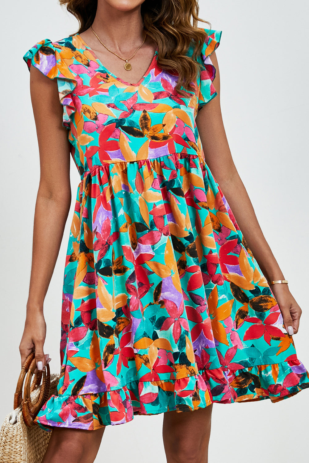 Green Leaf Print V Neck Fluttter Sleeveless Midi Dress