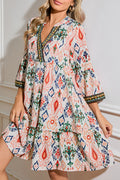 Multicolour Abstract Print Bell Sleeve Tiered Mini Dress